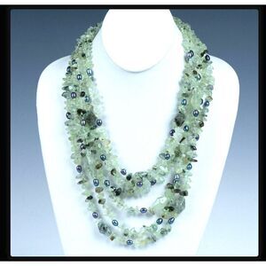 Six Strand Rutilated Green QUartz and Blue Tahitian Pearl Necklace - 20.75"
